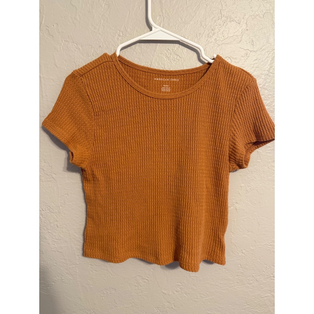 American Eagle Womens Waffle Knit Short Sleeve Top Burnt Orange Rust Size Medium